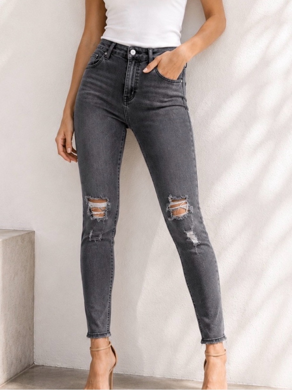 rag & bone High Rise Distressed Skinny Jean Night Gray Wash Raw Hem Size 28